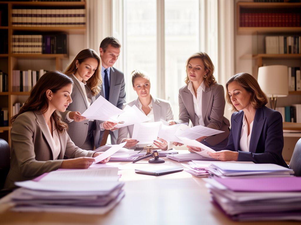Equipo de abogados en una sala luminosa de Madrid, revisando expedientes con serenidad y atención al detalle