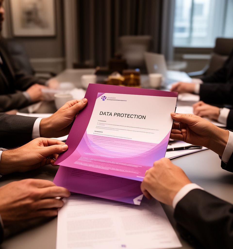 Equipo legal revisando una carpeta de protección de datos alrededor de una mesa de reuniones en un despacho elegante