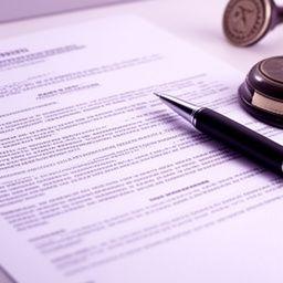 Mesa con contrato civil, bolígrafo negro y sello de despacho sobre una superficie clara