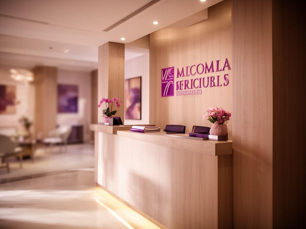 Reception area of a Madrid law firm with warm lighting, polished wood and discreet legal references